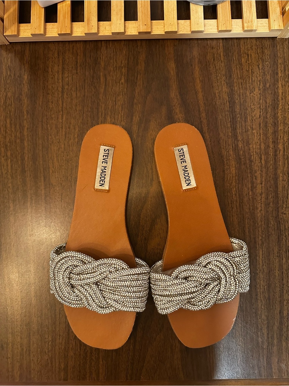 Steve Madden Tan Slide Sandals with Silver Beaded Knot Size 8